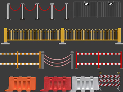 Various Types of Fences With Metal Rope Mesh Plastic Barriers and Warning Colors 3d model