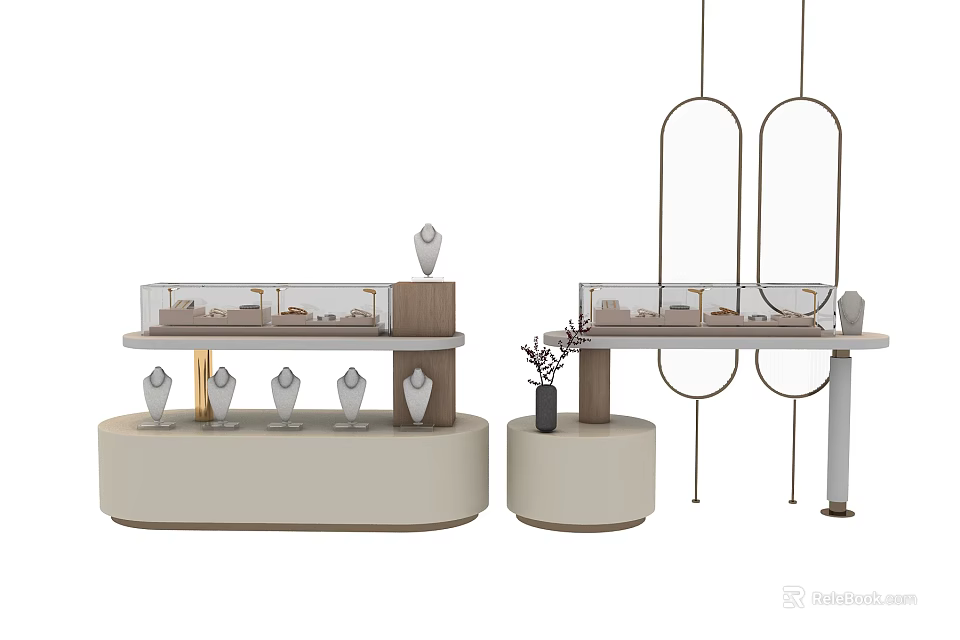 Modern Multi tiered Display Shelves with Glass Panels Round Base and Decorative Ornaments 3d model 