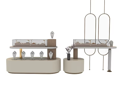 Modern Multi tiered Display Shelves with Glass Panels Round Base and Decorative Ornaments 3d model