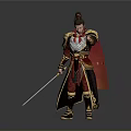 Man in Ancient Golden Decorated Armor With Red Cape Holding Long Sword and Topknot
