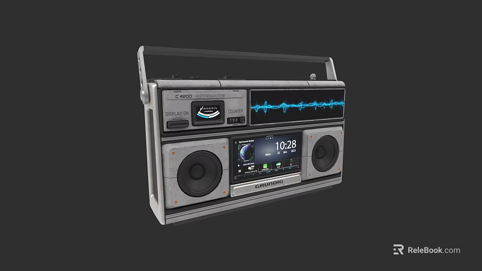 Vintage Headphone Speaker Boombox With Cassette Player FM Radio Digital Display And Sound Wave 3d model 