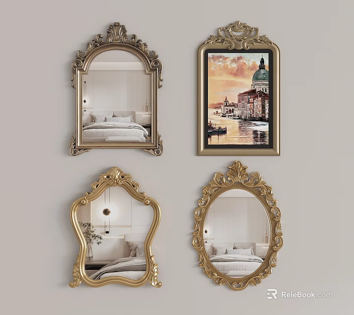 Ornate Gold Framed Wall Mirrors Reflecting Bedroom And Living Space Interiors 3d model 