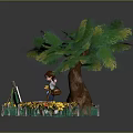 Cartoon Scene of Boy Painting with Easel Near Sunflowers Big Tree and Red Box