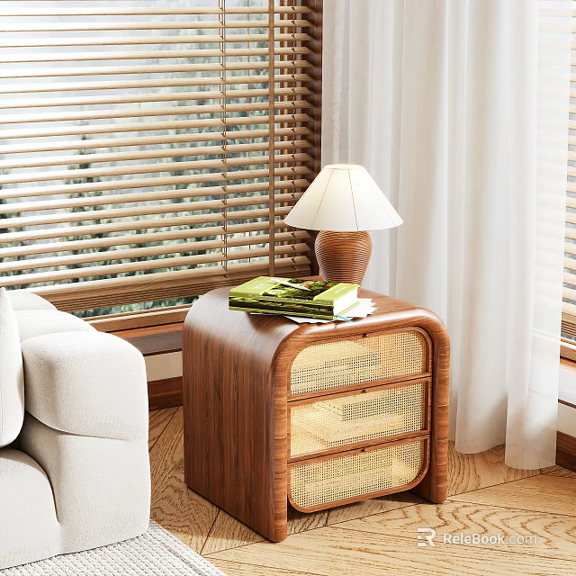 Wooden Nightstand With Rattan Drawers Table Lamp And Books Near White Sofa 3d model 