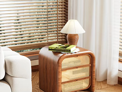 Wooden Nightstand With Rattan Drawers Table Lamp And Books Near White Sofa 3d model