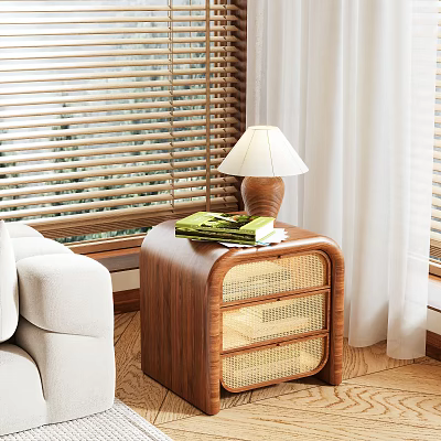Wooden Nightstand With Rattan Drawers Table Lamp And Books Near White Sofa 3d model