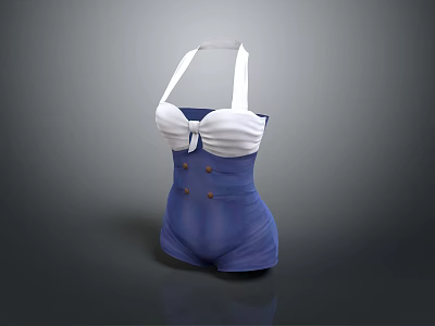 Stylish Blue And White Halter Neck Swimsuit With Ruffled Top And Button Details 3d model