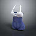 Stylish Blue And White Halter Neck Swimsuit With Ruffled Top And Button Details