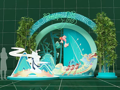 Chinese Style Floral Art Installation With Green Background Arched Decoration Bamboo And Dragon Elements 3d model