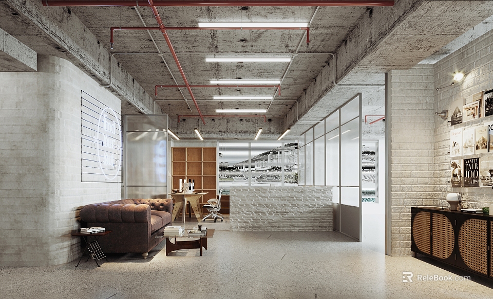 Industrial Style Public Office Space With Leather Sofa Glass Partitions And Exposed Red Pipes 3d model 
