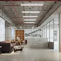 Industrial Style Public Office Space With Leather Sofa Glass Partitions And Exposed Red Pipes