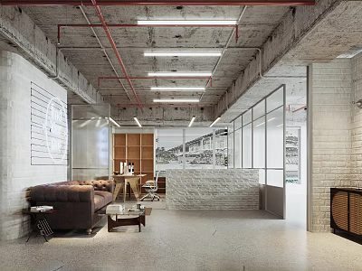 Industrial Style Public Office Space With Leather Sofa Glass Partitions And Exposed Red Pipes 3d model