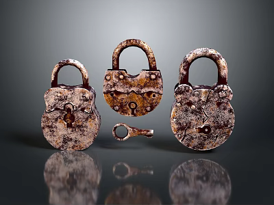 Rustic Antique Iron Padlocks Arranged With Small Vintage Key on Reflective Surface 3d model