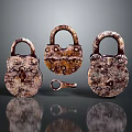 Rustic Antique Iron Padlocks Arranged With Small Vintage Key on Reflective Surface 3d model