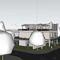 Modern Building Exterior View With Water Pool Flying Birds And Green Trees