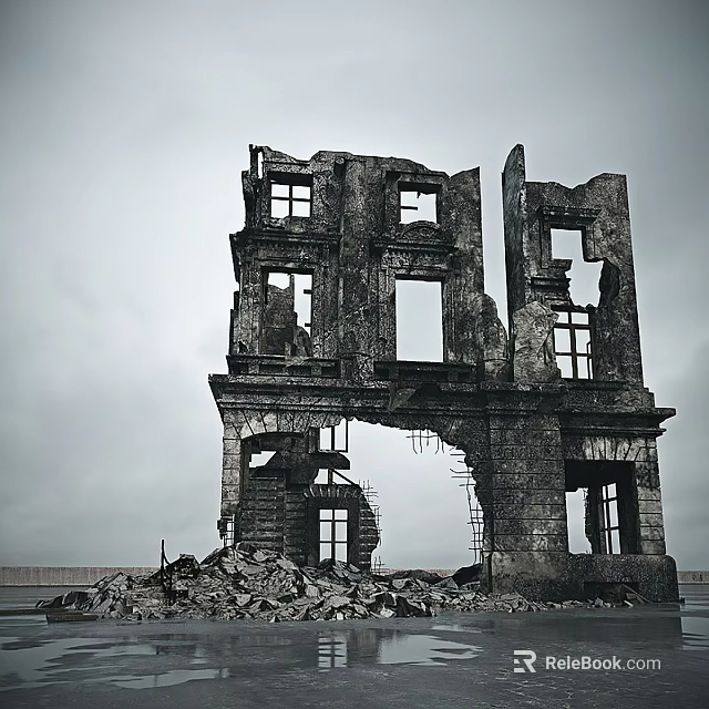 Ruined Architectural Components Featuring Broken Window Frames Damaged Walls And Rubble Pile 3d model 