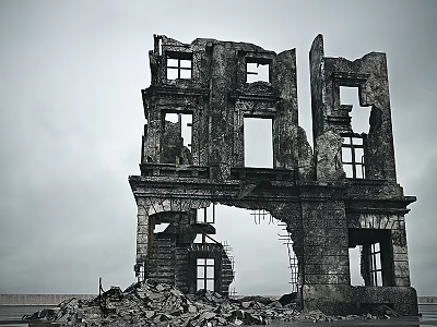 Ruined Architectural Components Featuring Broken Window Frames Damaged Walls And Rubble Pile 3d model