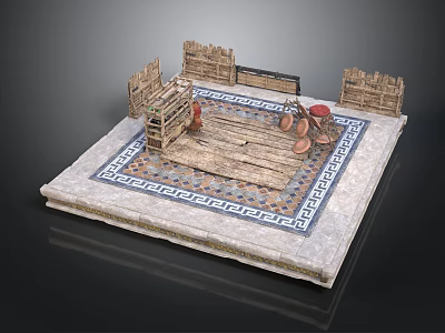 Traditional Courtyard Platform With Wooden Fences Ornate Floor And Stone Grinders 3d model