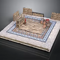 Traditional Courtyard Platform With Wooden Fences Ornate Floor And Stone Grinders