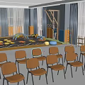 Bright School Music Classroom With Piano Chairs Windows Colorful Mats And Wall Decorations