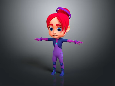 3D Game Character With Red Hair Purple Headband And Purple Blue Bodysuit Arms Outstretched 3d model