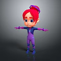 3D Game Character With Red Hair Purple Headband And Purple Blue Bodysuit Arms Outstretched