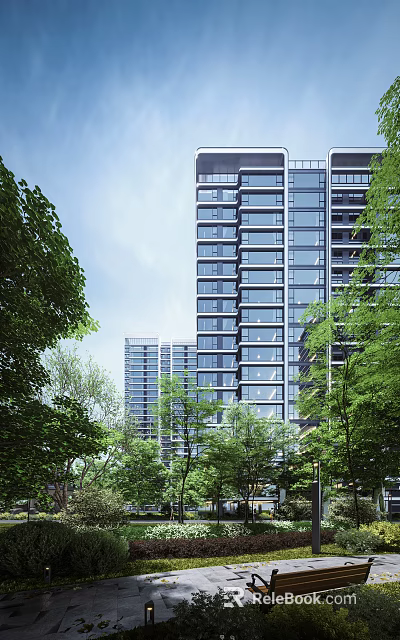 Modern High Rise Residential Building With Glass Curtain Walls Surrounded By Green Trees 3d model 