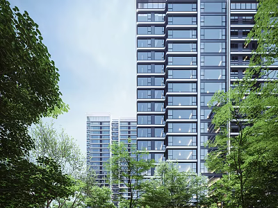 Modern High Rise Residential Building With Glass Curtain Walls Surrounded By Green Trees 3d model