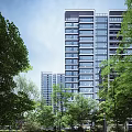 Modern High Rise Residential Building With Glass Curtain Walls Surrounded By Green Trees
