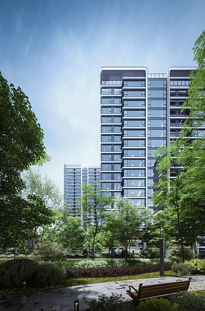 Modern High Rise Residential Building With Glass Curtain Walls Surrounded By Green Trees 3d model