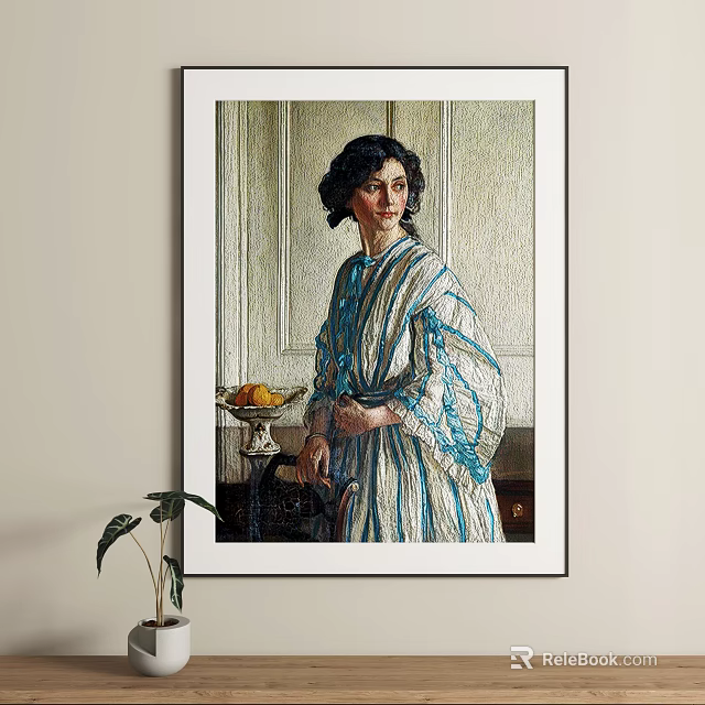 Classic Portrait Painting Of A Woman In Blue And White Striped Dress With Fruit Table Indoor 3d model 