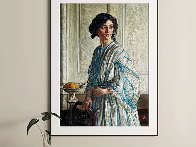 Classic Portrait Painting Of A Woman In Blue And White Striped Dress With Fruit Table Indoor 3d model