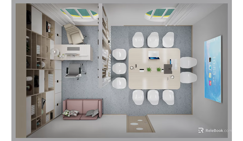 Modern Meeting Room Interior With Conference Table White Chairs Sofa Bookshelves And TV Screen 3d model 