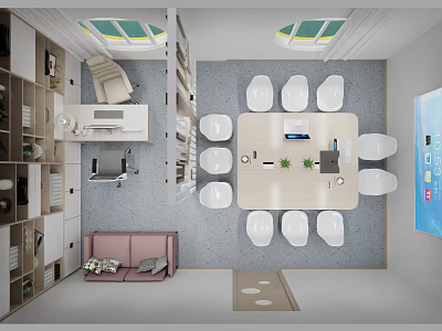 Modern Meeting Room Interior With Conference Table White Chairs Sofa Bookshelves And TV Screen 3d model