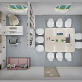 Modern Meeting Room Interior With Conference Table White Chairs Sofa Bookshelves And TV Screen