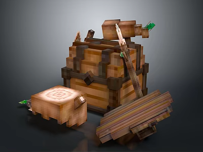 Wooden Storage Chest Furniture With Planks Hammer Bottle And Decorative Block 3d model