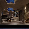 Unique Restaurant Interior With Blue Cloud Ceiling Textured Walls Fireplace Piano Sofa And Staircase