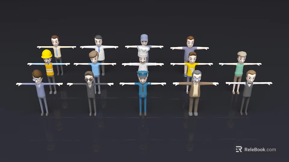 Multiple Cartoon Characters With Different Appearances Varied Outfits And Extended Arms 3d model 