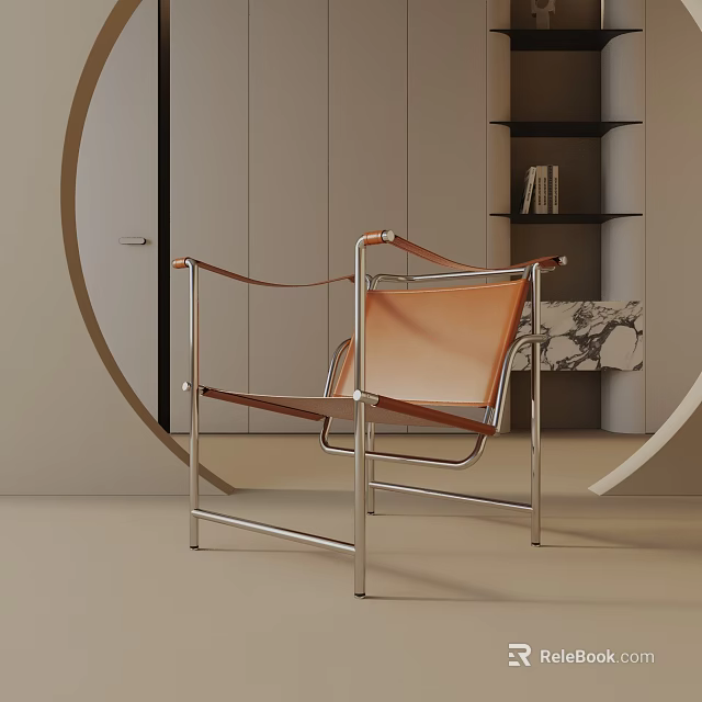 Modern Table Lamp With Metal Frame And Brown Leather Shade Near Bookshelf And Circular Decor 3d model 