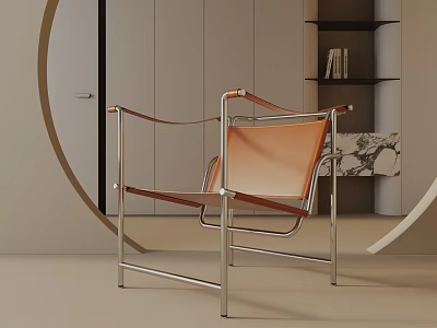 Modern Table Lamp With Metal Frame And Brown Leather Shade Near Bookshelf And Circular Decor 3d model