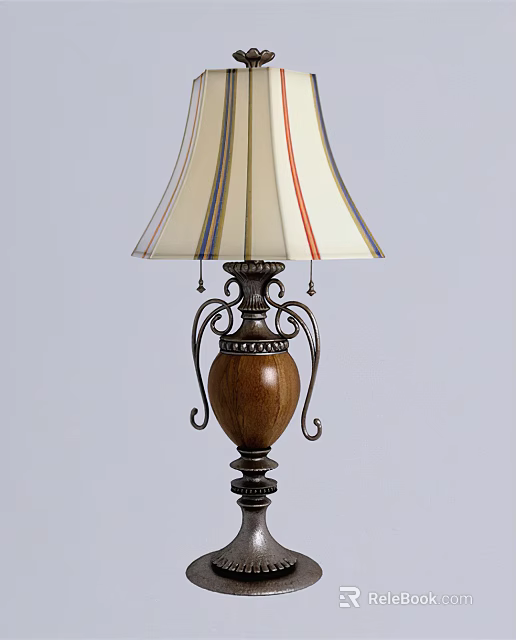 Vintage Table Lamp With Striped Lampshade And Wooden Base Metal Accents 3d model 