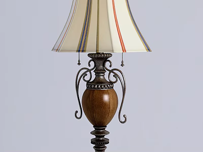 Vintage Table Lamp With Striped Lampshade And Wooden Base Metal Accents 3d model