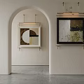Minimalist Interior Featuring Arched Doorway Framed Wall Art And Green Plants