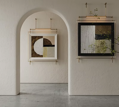 Minimalist Interior Featuring Arched Doorway Framed Wall Art And Green Plants 3d model