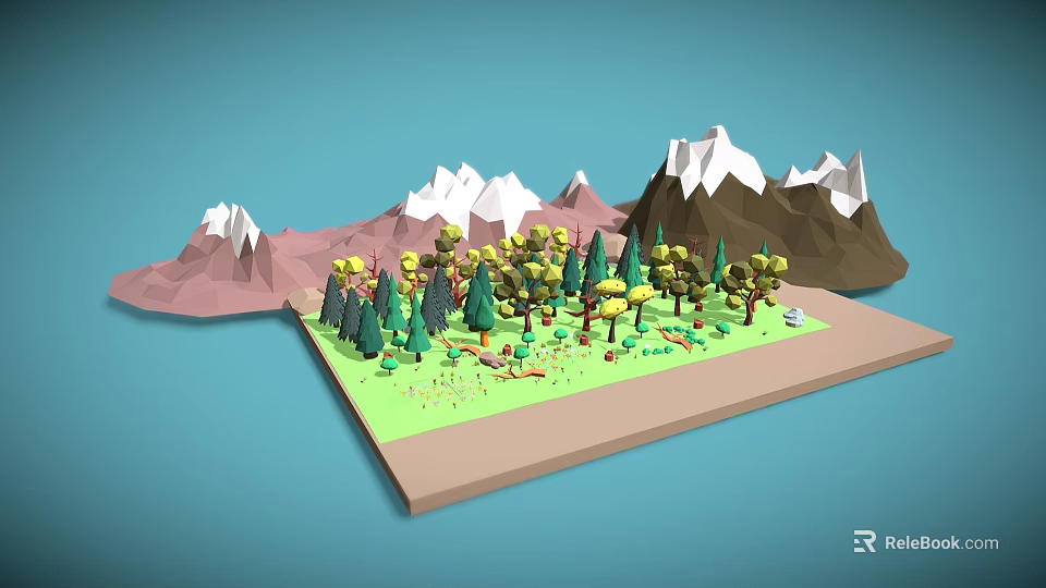 3D Cartoon Scene Featuring Green Grass Yellow Green Trees And Snow Capped Brown Pink Mountains 3d model 