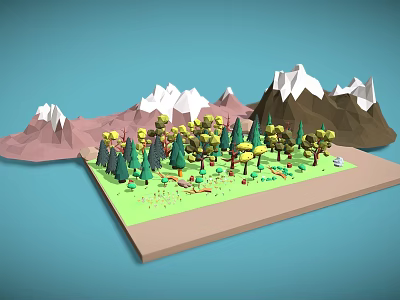 3D Cartoon Scene Featuring Green Grass Yellow Green Trees And Snow Capped Brown Pink Mountains 3d model