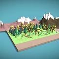 3D Cartoon Scene Featuring Green Grass Yellow Green Trees And Snow Capped Brown Pink Mountains