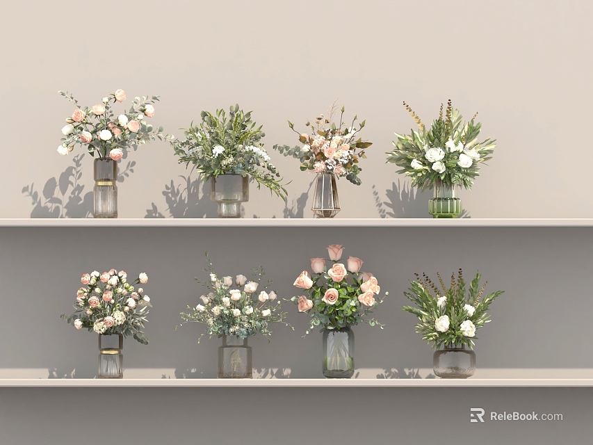 Pastel And White Flower Bouquets In Glass Vases On Shelves With Greenery 3d model 