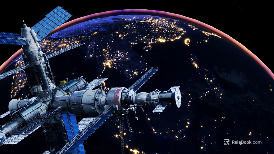 Space Station Orbiting Earth With City Lights At Night 3d model 