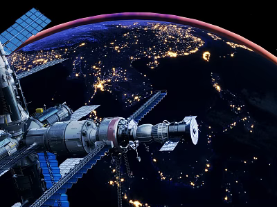 Space Station Orbiting Earth With City Lights At Night 3d model